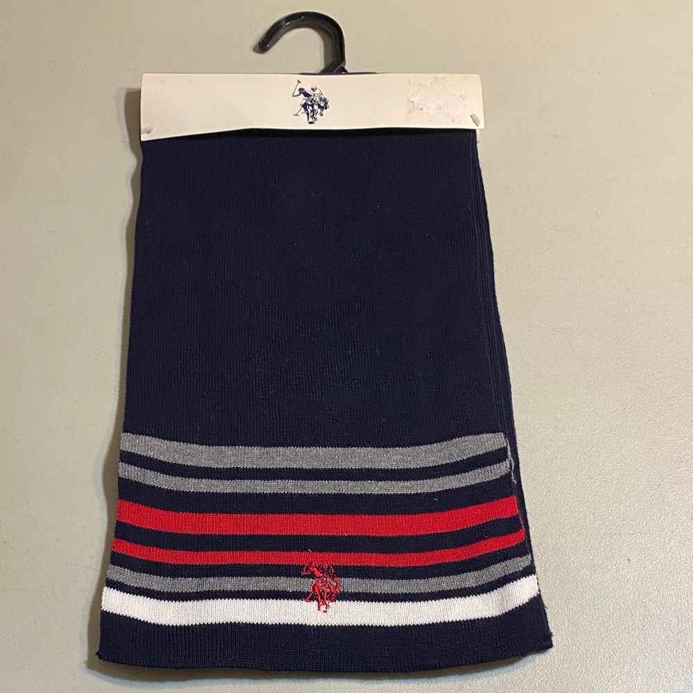 U.S. Polo Assn. Navy Scarf with Red, Gray, White Stripes